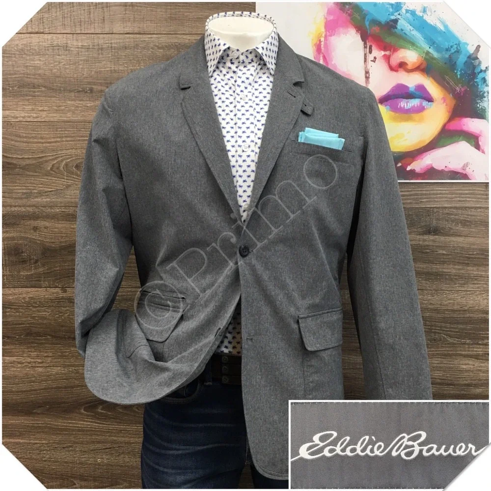 EDDIE BAUER Mens Performance Blazer Sport Coat Casual Jacket Size 48T Gray Suit